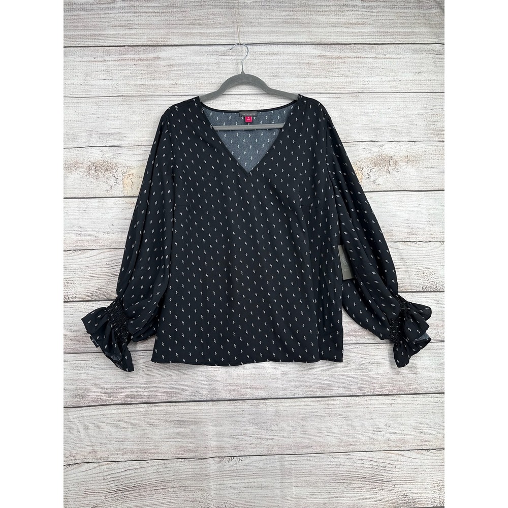 Vince Camuto Blouse Women 1X Rich Black Smocked Ruffle Cuff V-Neck 9261028